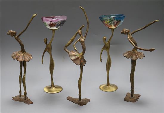 Three bronze sculptures of ballet dancers and two abstract bronze figures holding glass bowls tallest 30cm